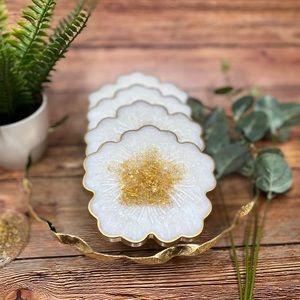 White | Gold Flower Coasters - Set of 4
